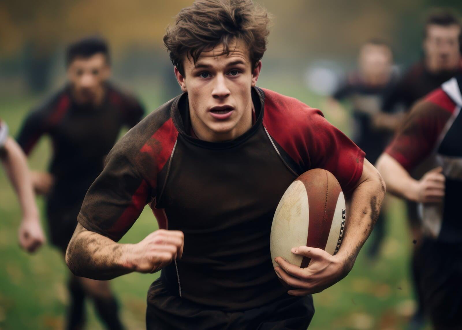 A young rugby play runs with the ball confident his mouthguard, fitted by a dental hygienist in Chch, will protect his teeth.